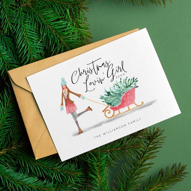 Waterolor Christmas Lovin' Girl Pulling Sleigh Holiday Card (Waterolor Christmas Lovin' Girl Pulling Sleigh Holiday Card)