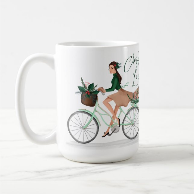 Waterolor Christmas Lovin' Girl Riding A Bicycle Coffee Mug (Left)