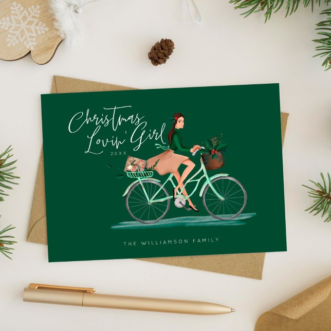 Waterolor Christmas Lovin' Girl Riding A Bicycle Holiday Card (Waterolor Christmas Lovin' Girl Riding A Bicycle Holiday Card)