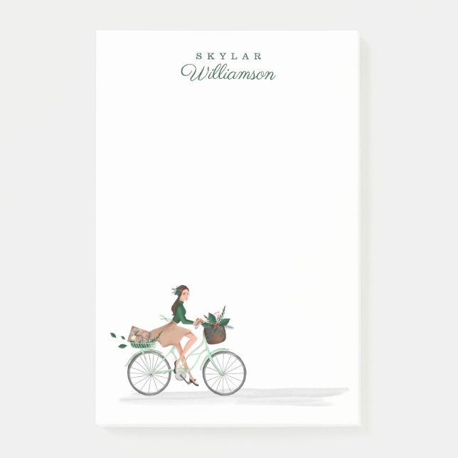 Waterolor Christmas Lovin' Girl Riding A Bicycle Post-it Notes (Front)