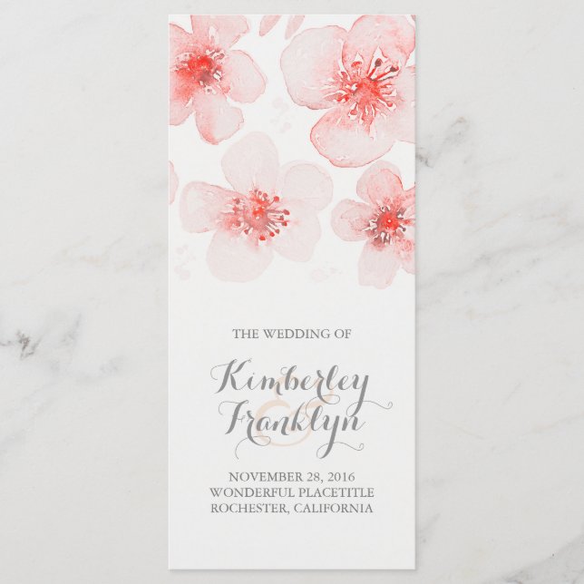 Waterolor Flower Botanical Pink Wedding Programs Programme (Front)