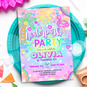 Waterpark Party Invitation Neon Rainbow Water Park