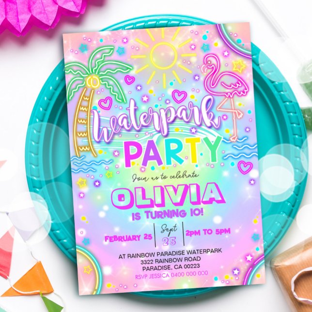 Waterpark Party Invitation Neon Rainbow Water Park (Neon Waterpark Party Invitation)