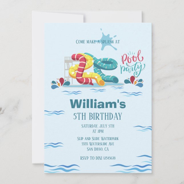 Waterpark Waterslide Pool Party Birthday Invitation (Front)