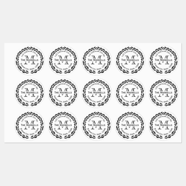 Waterproof Address Labels Custom Monogram Round (Sheet)