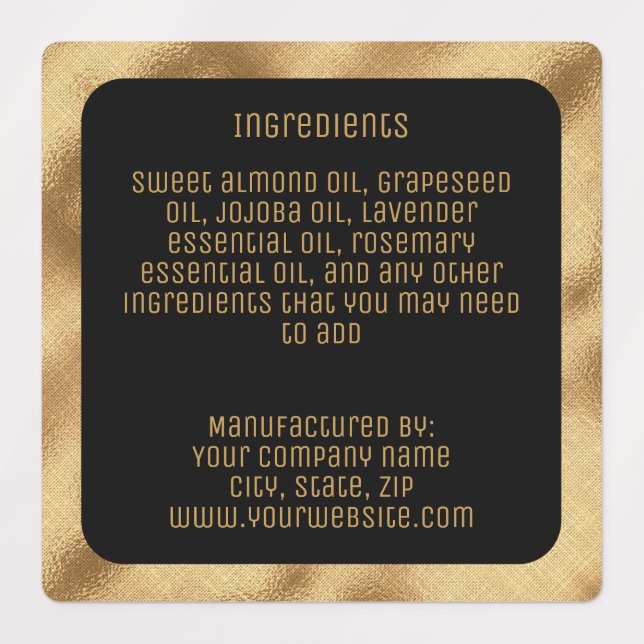 waterproof ingredients label - black gold square (Design 3)