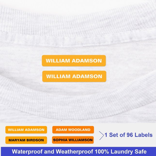 Waterproof Name Labels For Clothes (Orange Fabric) (Personalized Waterproof Iron-On Clothing name Labels for Fabric Crafter or Artist
)