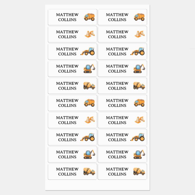 Waterproof Personalised Name Labels Construction (Sheet)