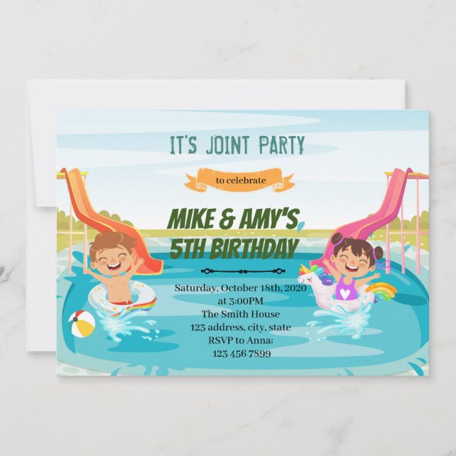 Watersilde boy girl kids joint party invitation (Front)