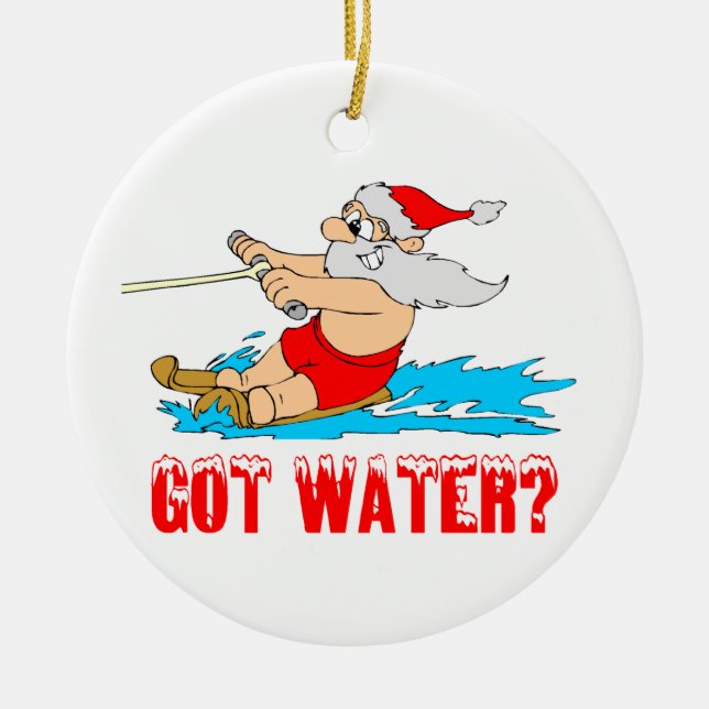 Waterskiing Santa Claus Ceramic Tree Decoration (Front)