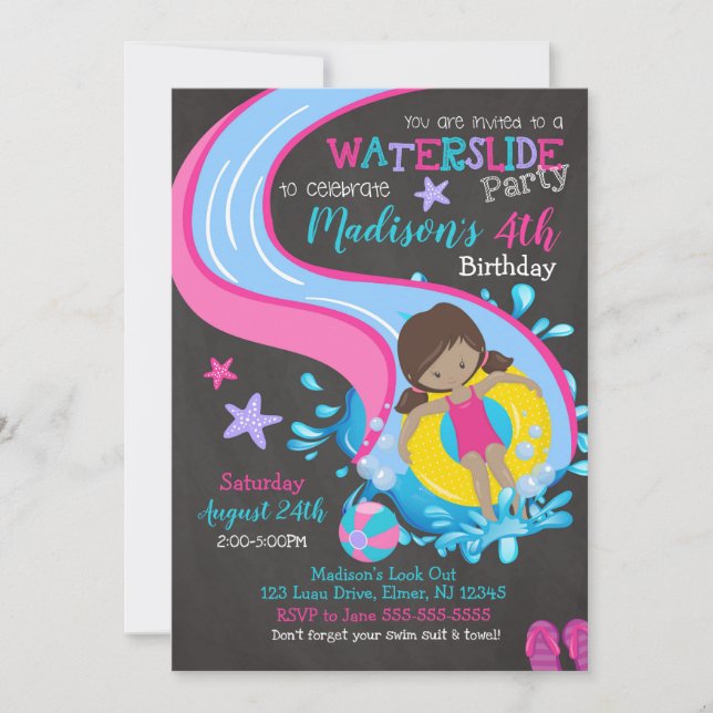 Waterslide Birthday Invitation / Pool Party / Girl (Front)