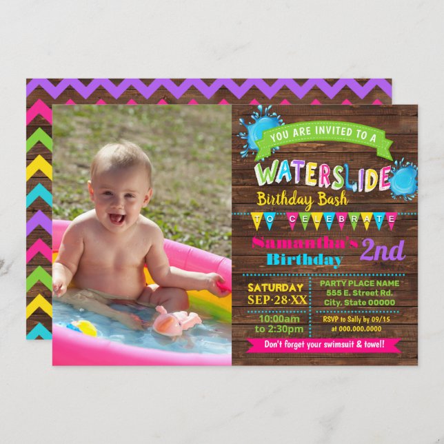 Waterslide birthday summer bash hot pink photo invitation (Front/Back)