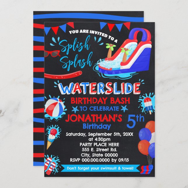 Waterslide Splish Splash Birthday Red White Blue Invitation (Front/Back)