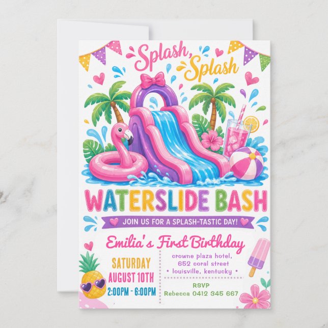 Waterslide Summer Pool Girl Birthday Invitation (Front)