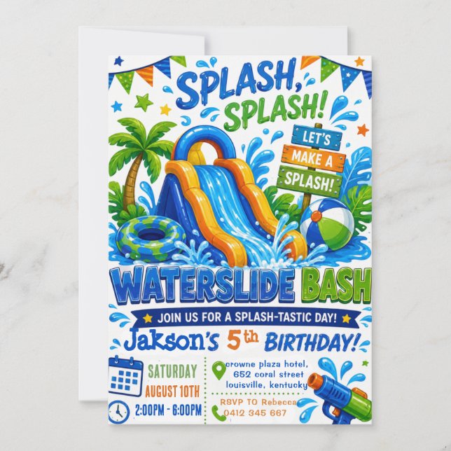 Waterslide Summer Pool Party Boy Birthday  Invitation (Front)