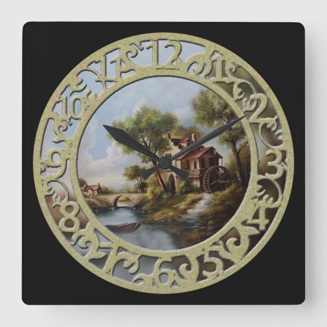 Waterwheel Cottage on the Water Square Wall Clock (Front)