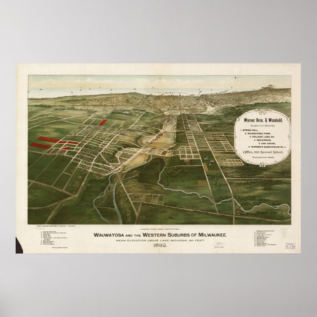 Wauwatosa - Milwaukee WI 1892 Panoramic Map Poster (Front)