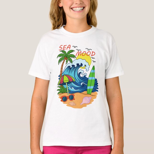 Wave and Palm Tree Kids T-Shirt (Front)