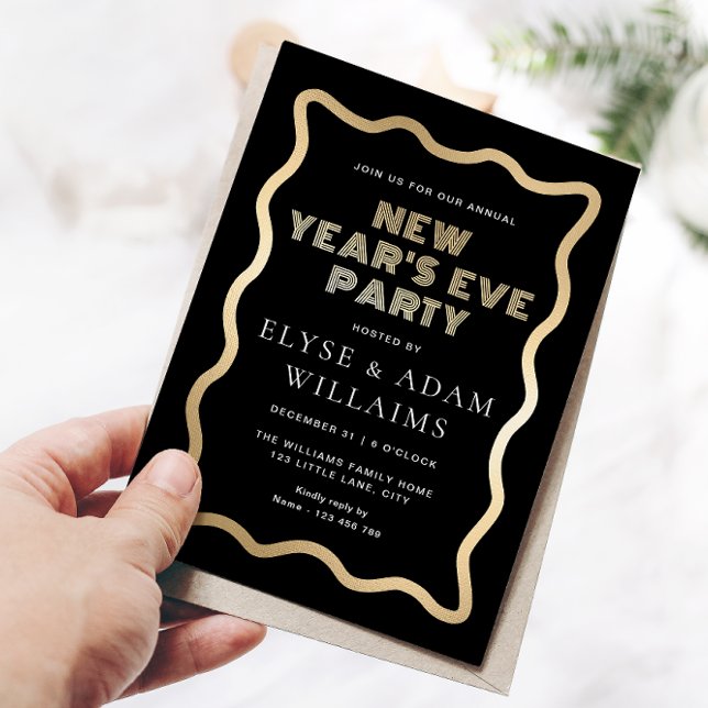 Wave Black New Year's Eve Party (New Year's Eve Invitation Wave Black Gold)