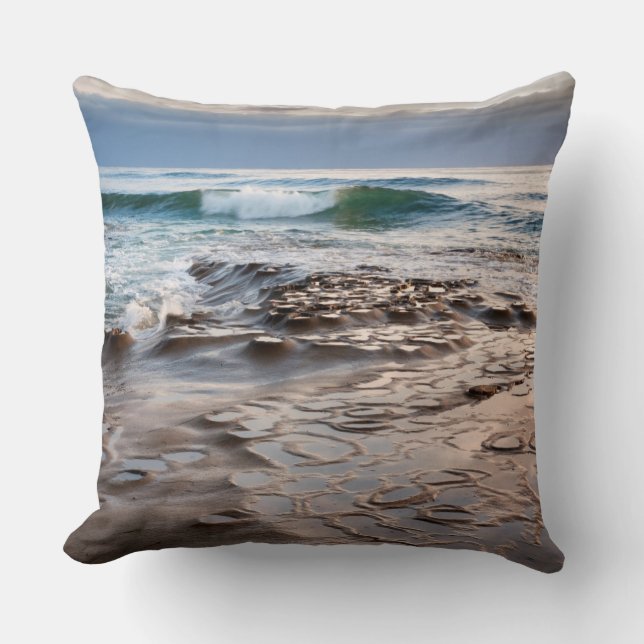 Wave breaking on beach, California Cushion (Front)