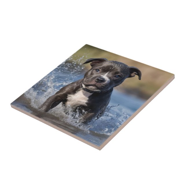 "Wave Chaser: A Staffy Puppy at Play in the Ocean" Tile (Side)