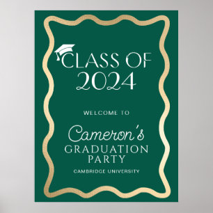 Wave Dark Green Gold Graduation Party Welcome Poster