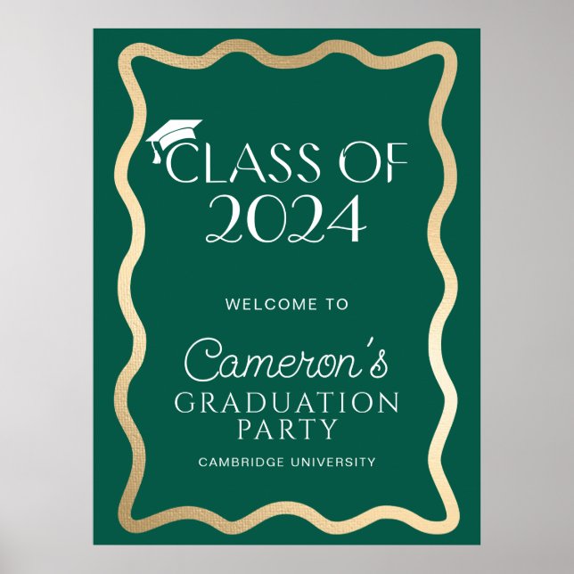 Wave Dark Green Gold Graduation Party Welcome Poster (Front)
