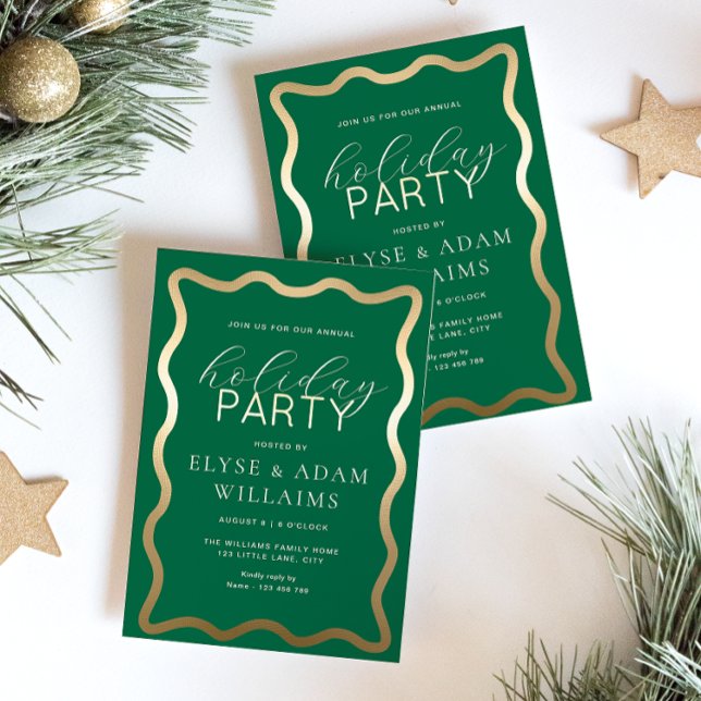 Wave Green Holiday Party (Holiday Party Green Gold Foil Invitation )