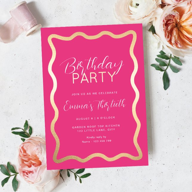 Wave Hot Pink Birthday Foil Invitation (Hot Pink Gold Foil Birthday Invitation)