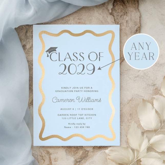 Wave Light Blue Gold Graduation Party Invitation (Creator Uploaded)