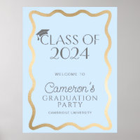 Wave Light Blue Gold Graduation Party Welcome