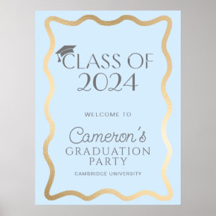 Wave Light Blue Gold Graduation Party Welcome Poster