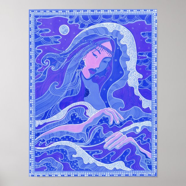 Wave, Mermaid, Fantasy Art Asian Girl, Blue & Pink Poster (Front)