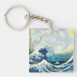 WAVE OF KANAGAWA IN STARRY NIGHT BACKGROUND KEY RING