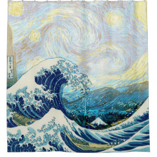 WAVE OF KANAGAWA IN STARRY NIGHT BACKGROUND SHOWER CURTAIN