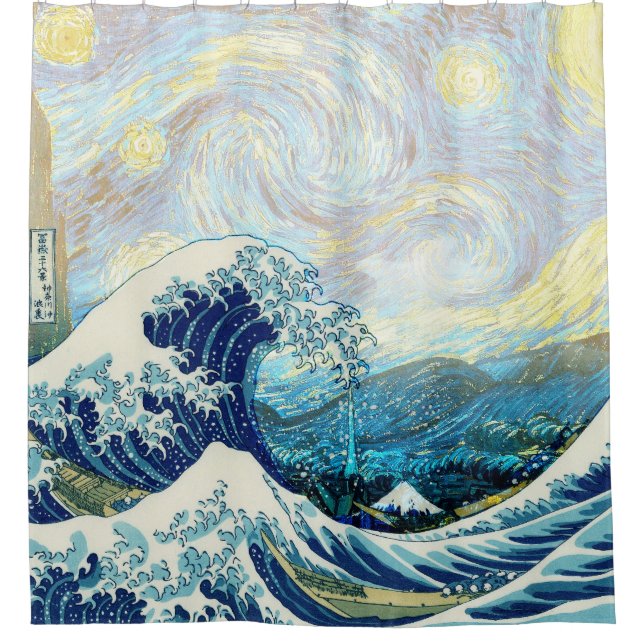 WAVE OF KANAGAWA IN STARRY NIGHT BACKGROUND SHOWER CURTAIN (Front)