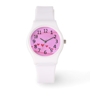 Wave of Red Hearts on Pink Numbers Love Watch