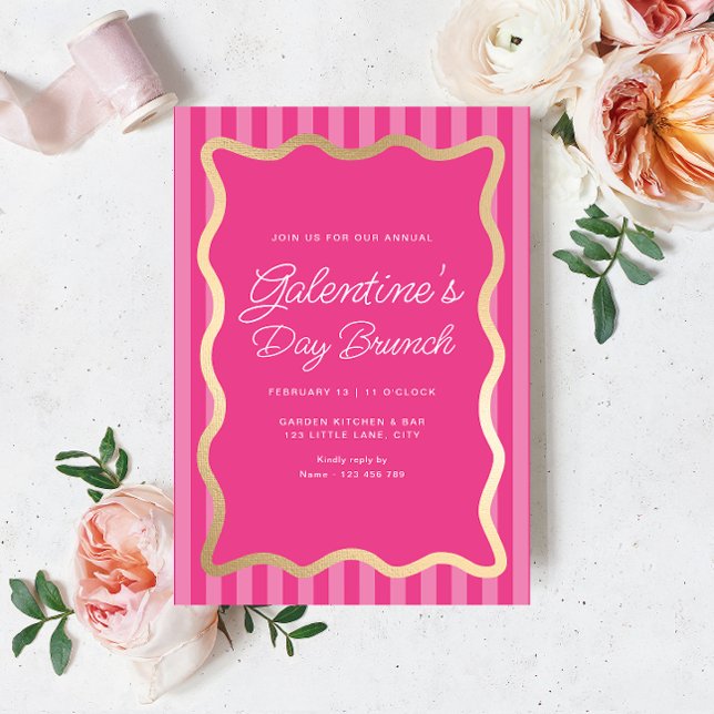 Wave Pink Hot Pink Stripe Galentine's Day Brunch Invitation (Galentines Brunch Invitation Hot Pink Stripe)