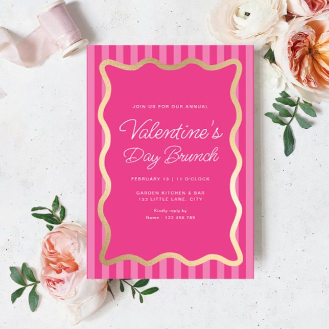 Wave Pink Hot Pink Stripe Valentine's Day Brunch Invitation (Valentines Brunch Invitation Hot Pink Stripe)