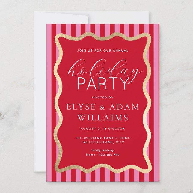 Wave Red Pink Stripe Christmas Holiday Party Invitation (Front)