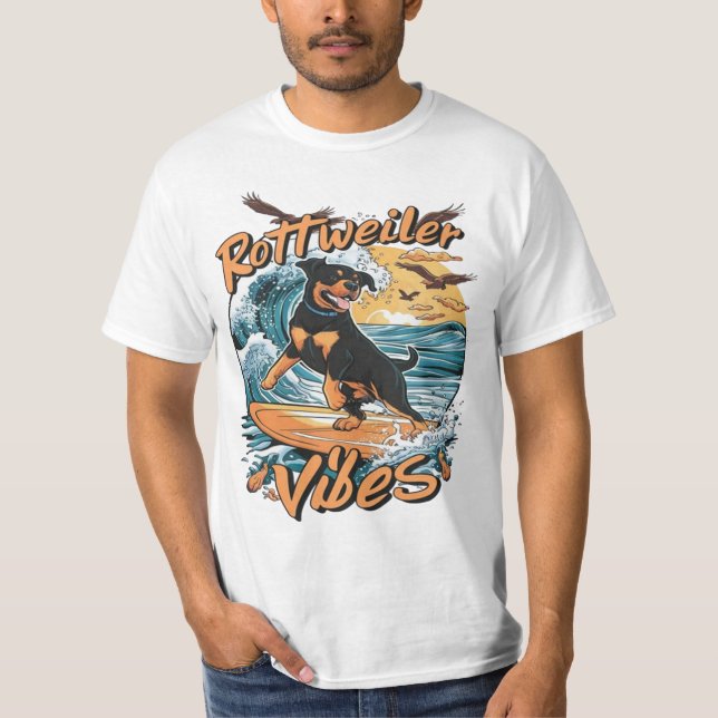 Wave Rider Rottweiler Dog Surfing Adventure T-Shirt (Front)