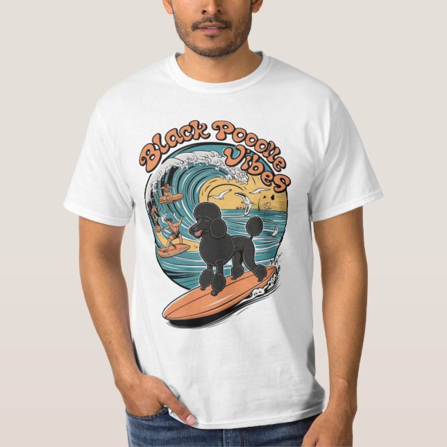 Wave-Riding Black Poodle Surfing Adventure T-Shirt (Front)