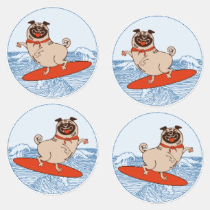 Wave riding happy pug dog on surfboard 