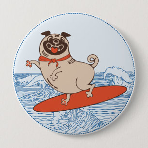Wave riding happy pug dog on surfboard 10 cm round badge