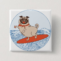 Wave riding happy pug dog on surfboard