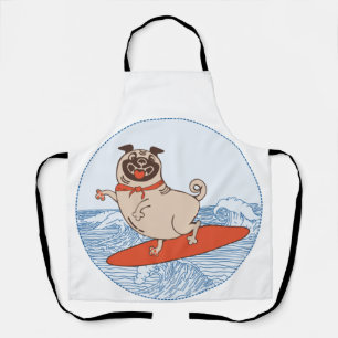 Wave riding happy pug dog on surfboard  apron