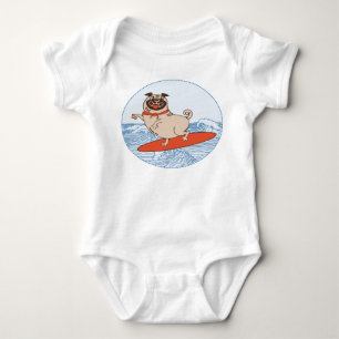 Wave riding happy pug dog on surfboard  baby bodysuit