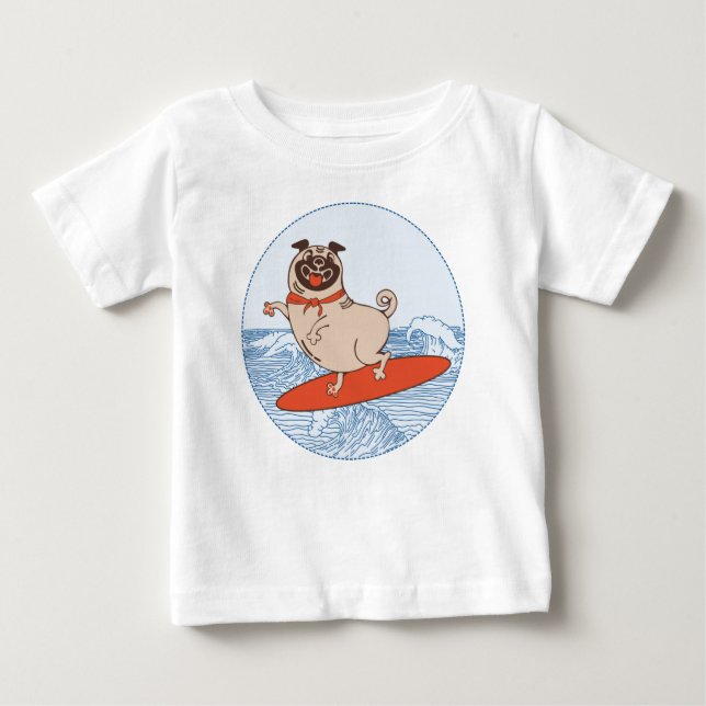 Wave riding happy pug dog on surfboard  baby T-Shirt (Front)