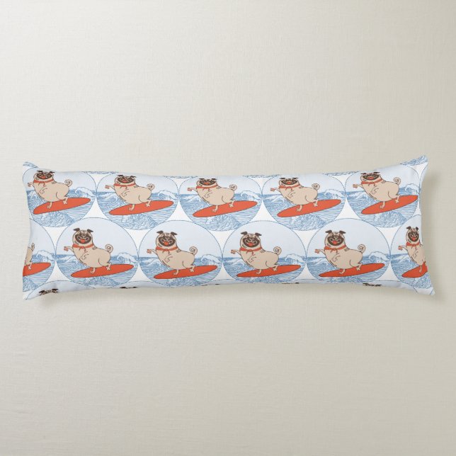 Wave riding happy pug dog on surfboard  body cushion (Back)