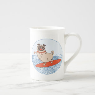 Wave riding happy pug dog on surfboard  bone china mug